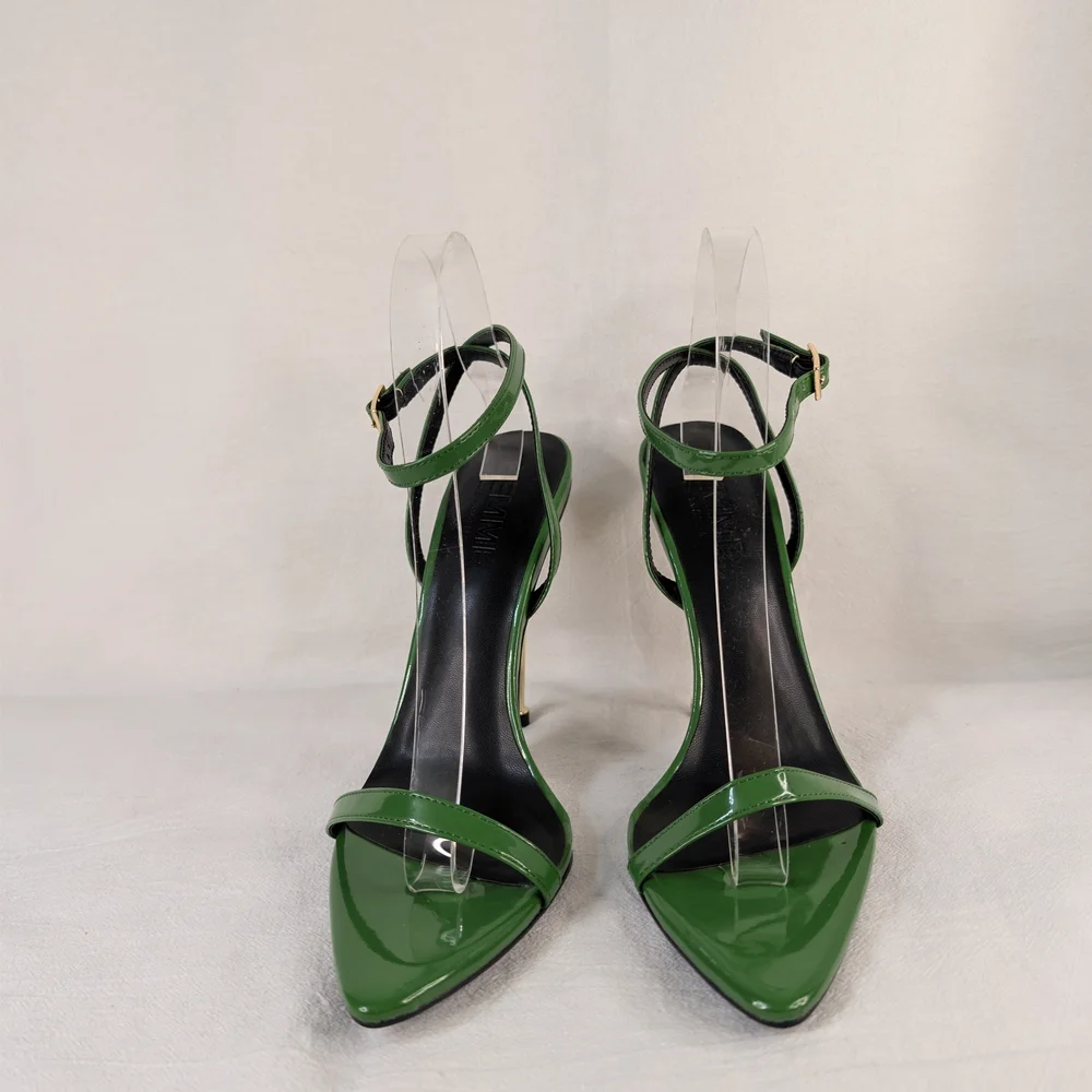 I AM FEMME Emerald Green Patent Stiletto Sandals Gold Heel Motivational Sole 8.5